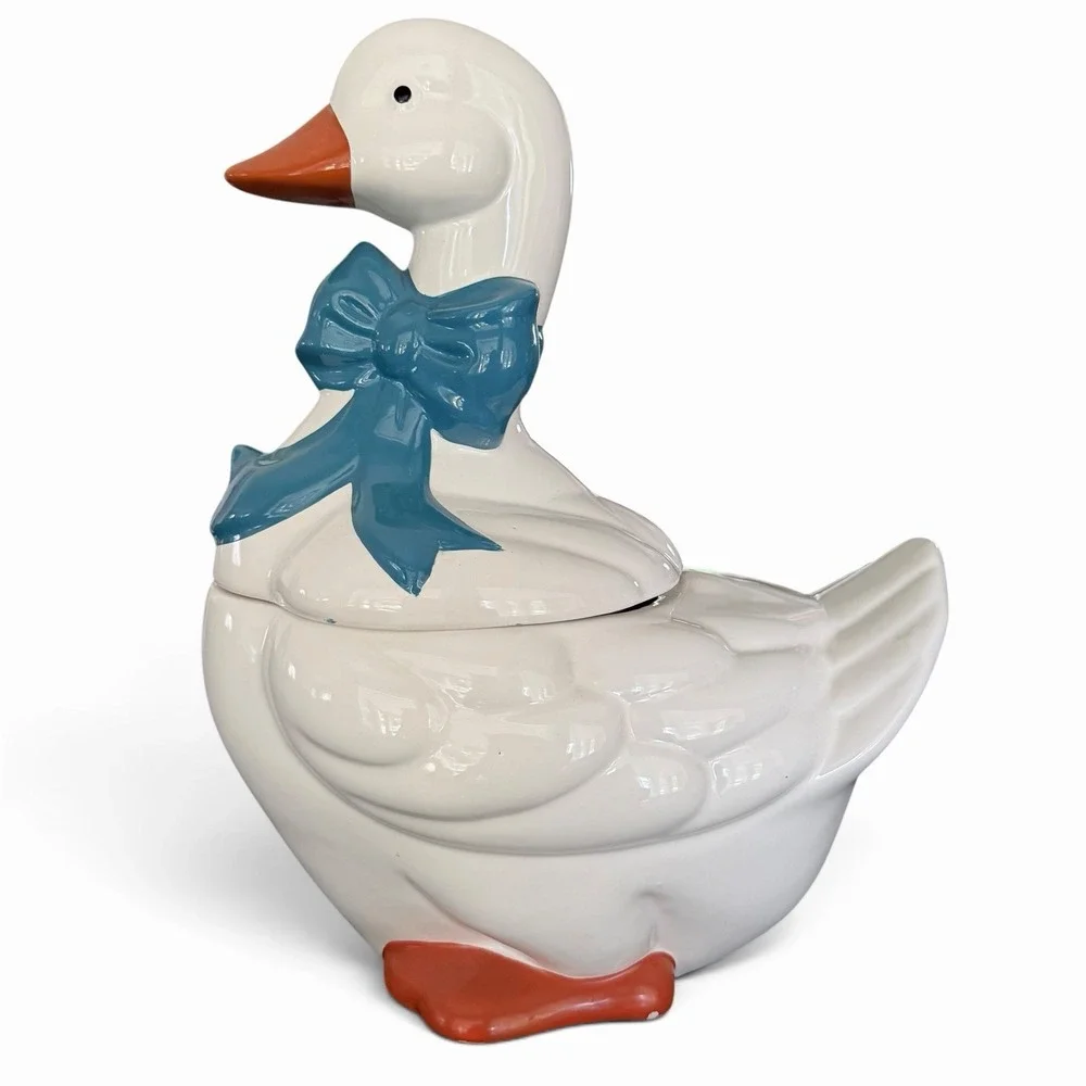 VTG 1980s Country Goose Blue Bow Ceramic Cookie Jar Cottage Core Grandma Duck